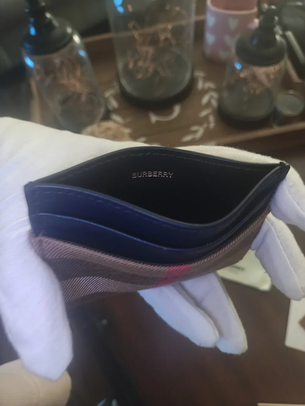 Burberry Tan Check Card Holder with Red Accent Stripe - Picture 6 of 10